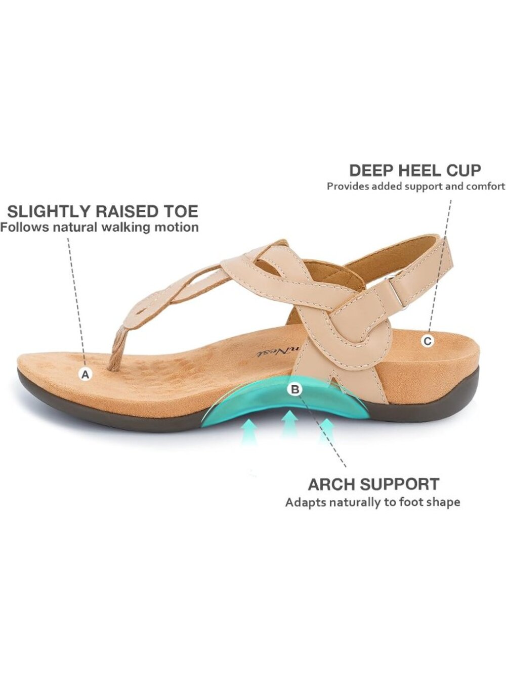 Women’s Nude Comfortable Arch Support Casual Thong T-Strap Supportive Sandals - Picture 4 of 6